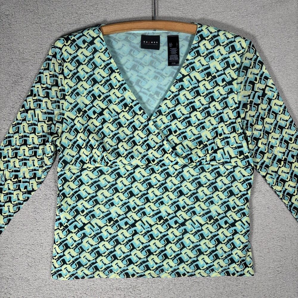 Axcess Babydoll Top Women Size‎ L Teal Black Green Geometric Y2K Fairy Retro Art